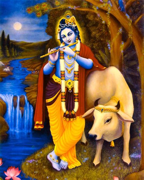 Krishna with Cow Painting - Art Print on Canvas or Paper