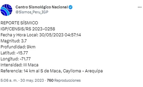 Arequipa Se Registra Sismo De Magnitud 3 7 En Caylloma En La Madrugada