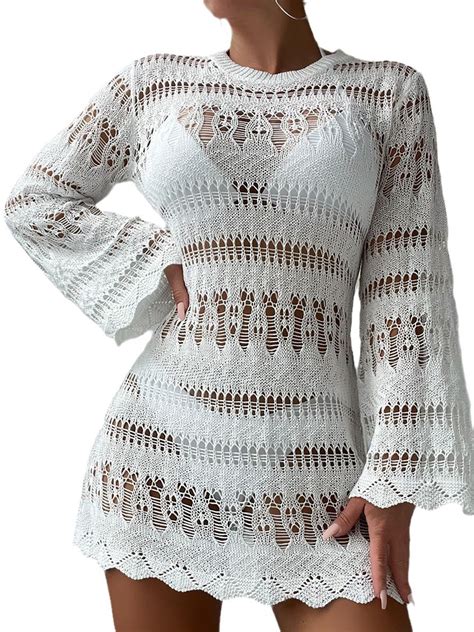 IMISSILLEB Women Crochet Bikini Cover Ups Cutout Long Sleeves Beach