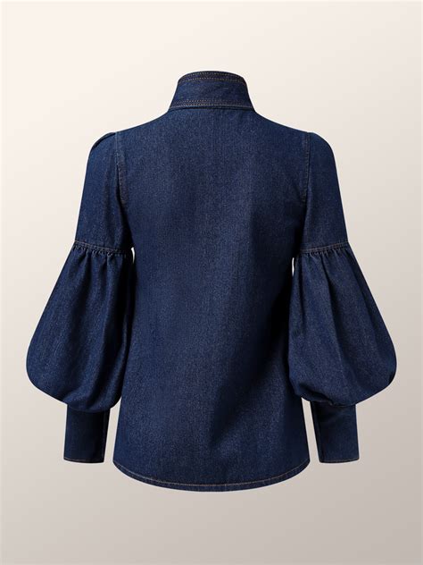 Lightweight Stand Collar Urban Loose Long Sleeve Denim Blouse Stylewe