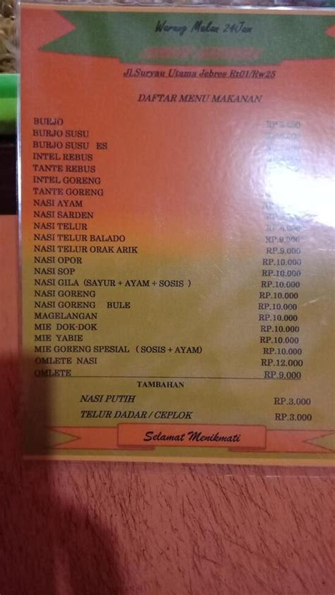 Menu At Burjo Sumber Kuningan Restaurant Surakarta