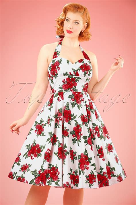 50s Cannes Roses Halter Swing Dress In White