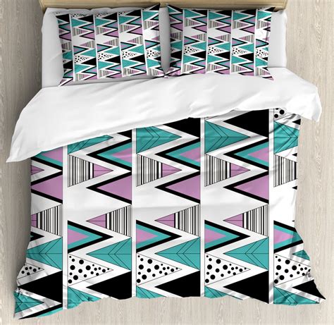 Geometric Duvet Cover Set Queen Size 80s Memphis Zigzag Triangles