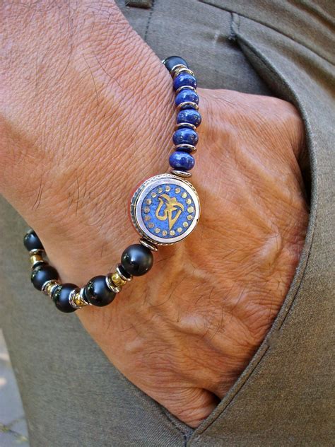 Men S Spiritual Tibetan Om Bracelet With Semi Precious Onyx Lapis