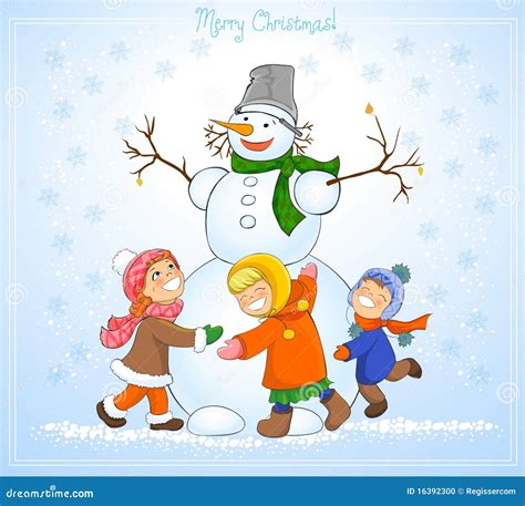 Happy Kids and Snowman Celebrate Christmas. Stock Illustration ...