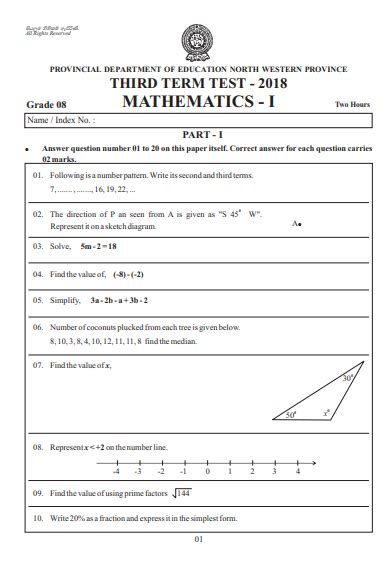 Grade 08 Mathematics 3rd Term Test Paper 2018 English Medium North