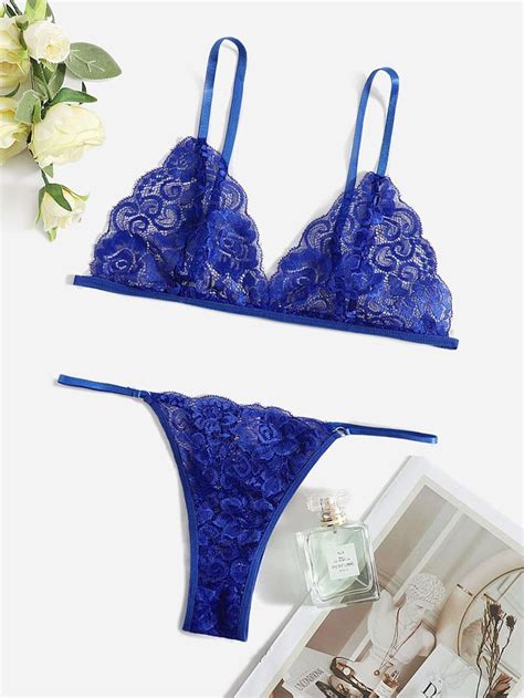 Blue Romantic Lace Plain Embellished Slight Stretch Women Intimates