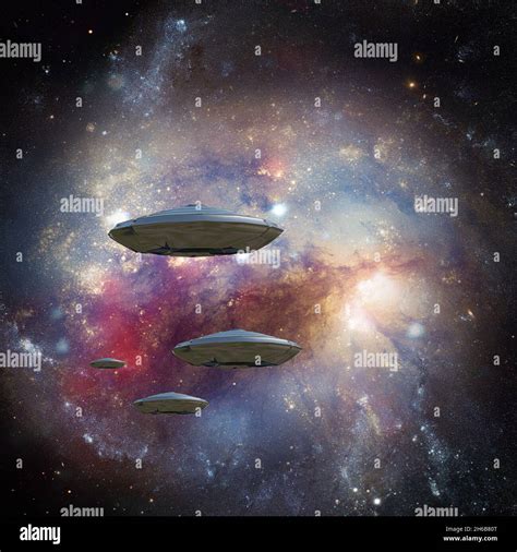 Alien Fleet In Vivid Space 3d Rendering Stock Photo Alamy