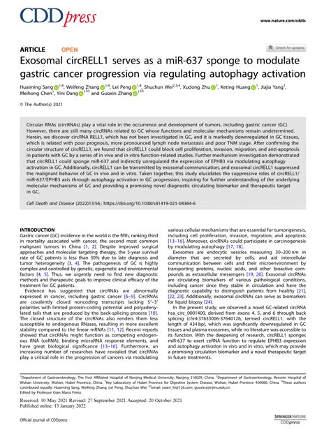 PDF Exosomal CircRELL1 Serves As A MiR 637 Sponge To Modulate Gastric