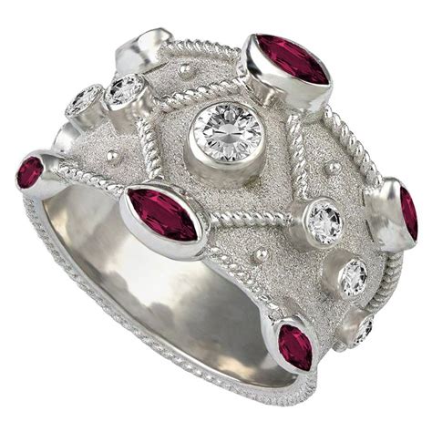 Georgios Collections 18 Karat White Gold Diamond Ruby Granulation Wide