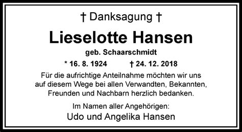 Traueranzeigen Von Lieselotte Hansen Trauer Und Gedenken