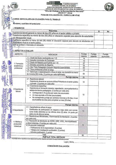 Pdf · Ficha De EvaluaciÓn Del Curriculum Vitae Cargo Interprete De Lengua De SeÑas Peruana