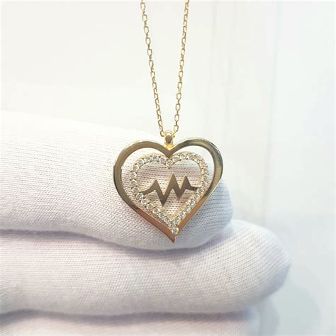 K Real Solid Gold Double Heart Love Lifeline Pulse Ekg Heartbeat