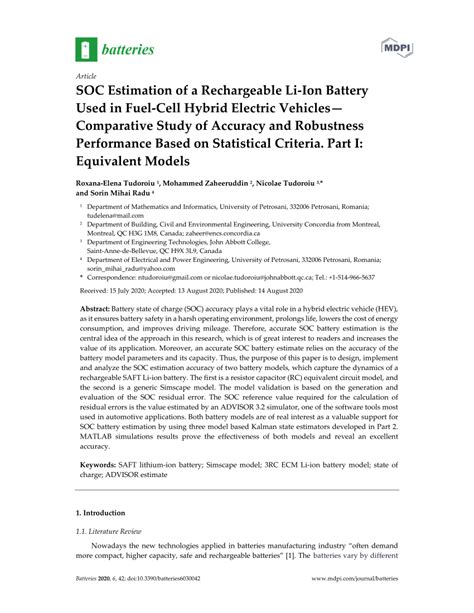 Pdf Soc Estimation Of A Rechargeable Li Ion Battery Used In Fuel Cell Hybrid Electric Vehicles