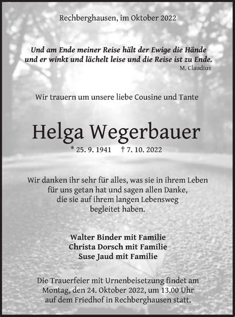 Traueranzeigen von Helga Wegerbauer Südwest Presse Trauer