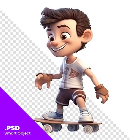 Renderização 3d de um menino bonito skate isolado em um modelo psd