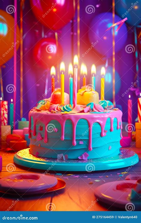 Birthday Cake With Lit Candles On Table In Front Of Balloons And