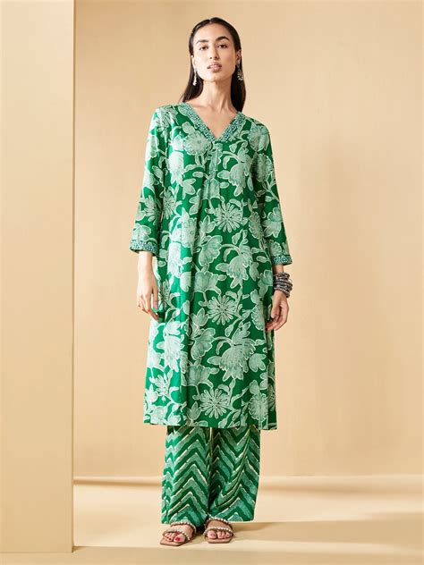 Buy Global Desi Floral Printed Mirror Work Kurta With Palazzos Kurta