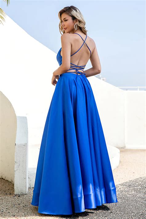 Zapakasa Women Prom Royal Blue Dress Backless Satin Spaghetti Straps Formal Dress With Slit