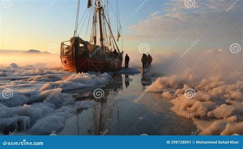 A Sailboat Stuck In Ice On The Arctic Seascape Background Stock
