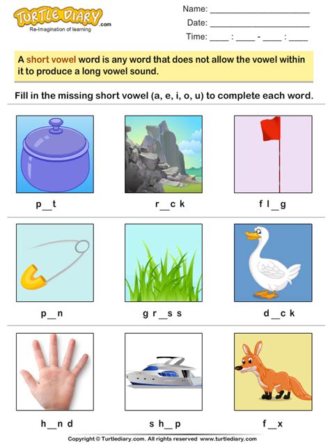 Fill In The Blank With Short Vowels A E I O U Turtle Diary Worksheet