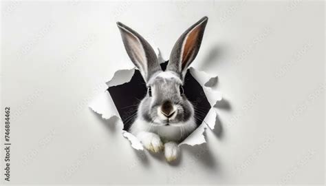 Bunny Peeking Out Of A Hole In White Wall Fluffy Eared Bunny Easter