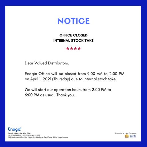 NOTICE | Office Close (Internal Stock Take) - Enagic (Malaysia) Sdn Bhd