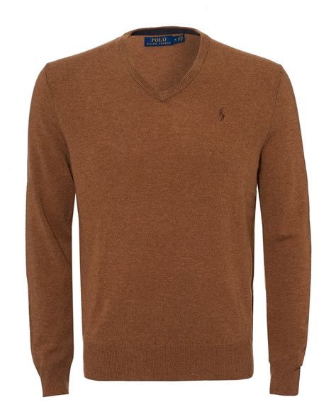 Ralph Lauren Mens V Neck Jumper Brown Heather Lambswool Knit