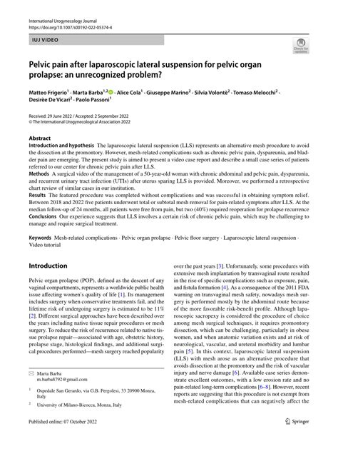 Pdf Pelvic Pain After Laparoscopic Lateral Suspension For Pelvic Organ Prolapse An