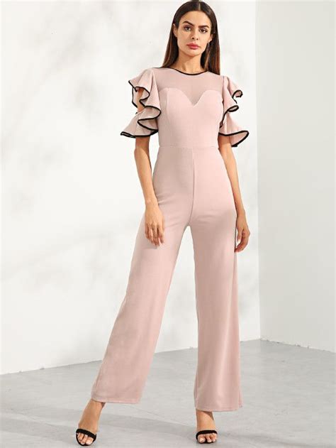 Shein Cold Shoulder Ruffle Trim Palazzo Jumpsuit Jumpsuit Fashion