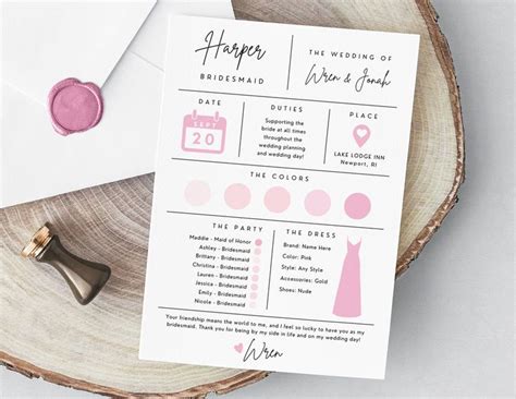 Bridesmaids Proposal Bridesmaids Info Card Pink Template Bridal Party