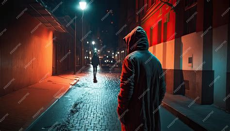 Premium Ai Image Robber In Hood Watches Woman Silhouette Walking Alone Dark Street Suspicious