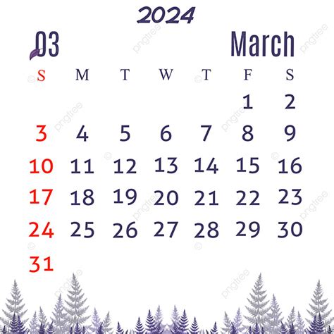 Calendario De Marzo De 2024 Con Ilustración De Hoja De Color Púrpura