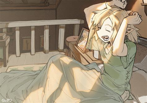 Safebooru 1boy Arms Behind Head Artist Name Bangs Blonde Hair Closed Eyes Green Tunic Hair