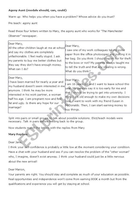 Agony Aunt Modals Practice Esl Worksheet By Rjaywatkins