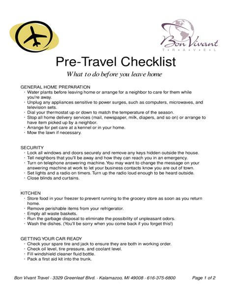 Pre Travel Checklist Sample Free Download