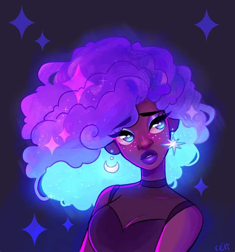 An Illustration Of A Woman With Purple Hair And Stars On Her Head