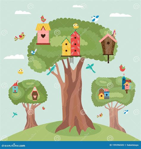 Spring Season Background With Birdhouses On Trees Flat Vector