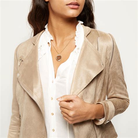 Lyst River Island Nude Faux Suede Biker Jacket In Natural