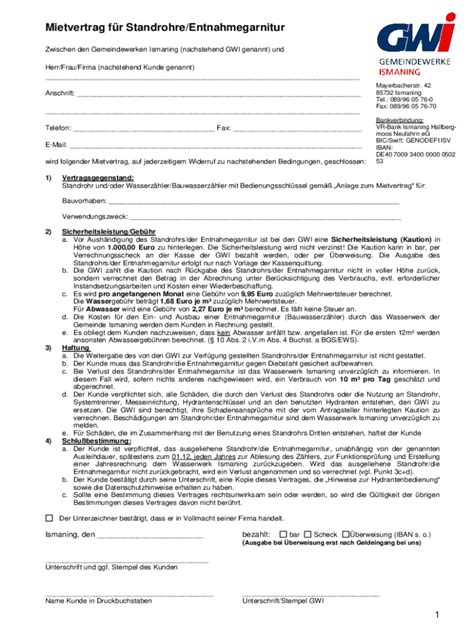 Ausf Llbar Online Mietvertrag Fr Standrohre Entnahmegarnitur Fax Email