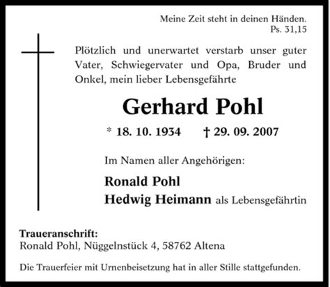 Traueranzeigen Von Gerhard Pohl Trauer In Nrw De