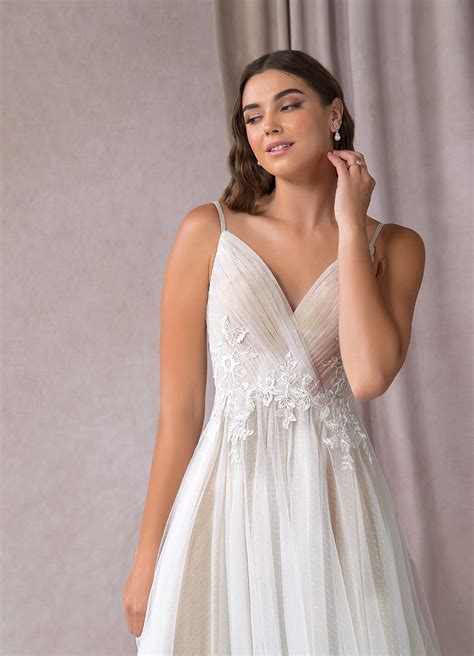 Azazie Liana Diamond White Nude A Line V Neck Sequins Tulle Dress Azazie