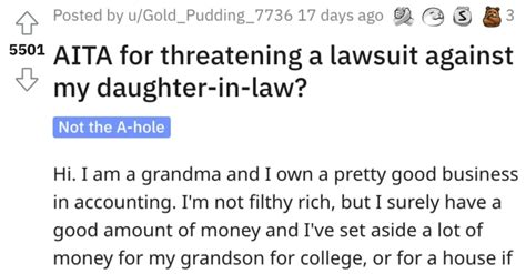 Is She Wrong For Threatening To Sue Her Daughter In Law People Shared Their Thoughts