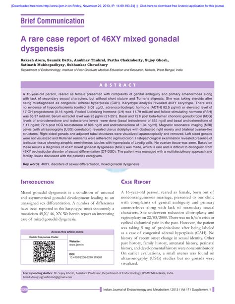 Pdf A Rare Case Report Of 46xy Mixed Gonadal Dysgenesis