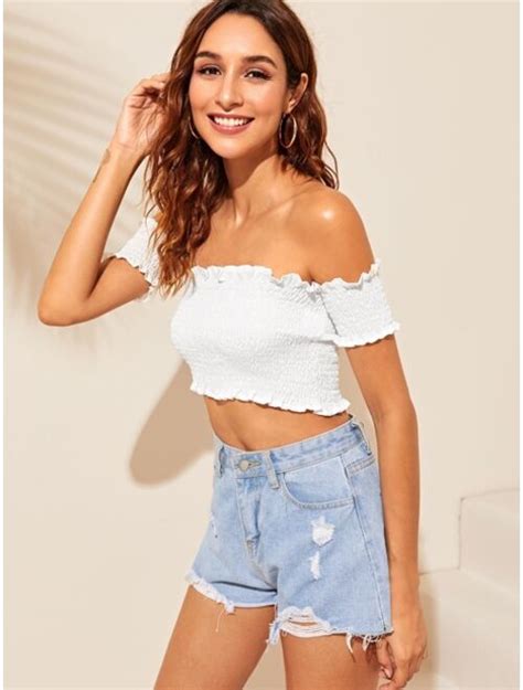 Buy Shein Frilled Trim Shirred Bardot Crop Top Online Topofstyle