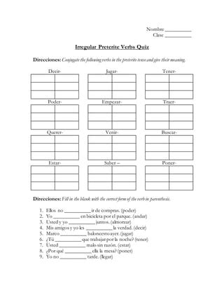 Irregular Preterite Verbs Quiz PDF Descarga Gratuita