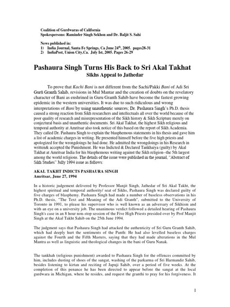 Pashaura Singh Turns His Back To Akal Takhat Pdf Guru Granth Sahib