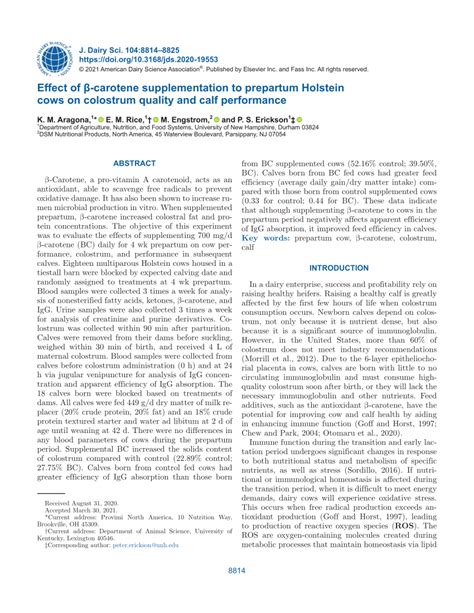 PDF Effect of β carotene supplementation to prepartum Holstein cows