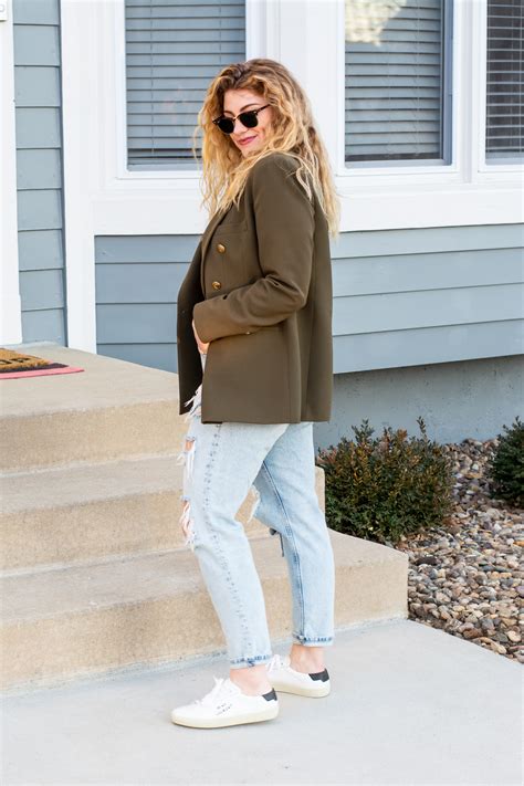 Olive Green Blazer Leopard Turtleneck And Sneakers Lsr