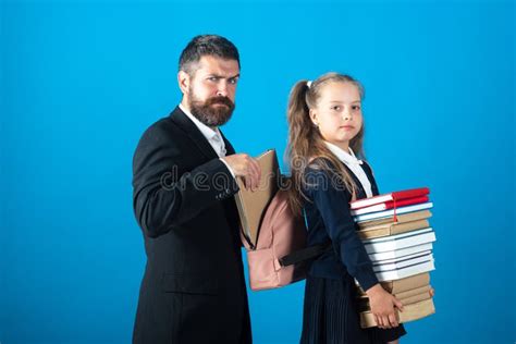 Father Or Teacher Hold Big Stack School Textbook Notebook Books Back